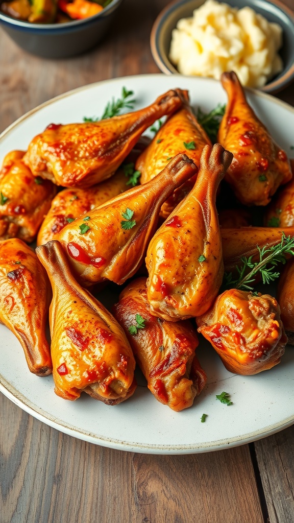 Golden brown baked turkey wings on a plate with roasted vegetables and mashed potatoes.
